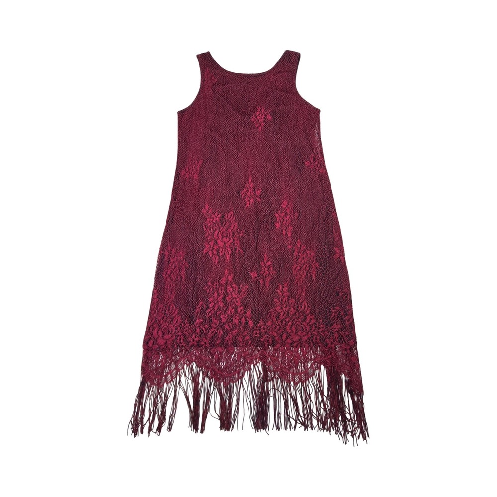 Harlow Petite Burgundy Lace Fringe Shift Dress Sleeveless Wine Red Flapper 20s